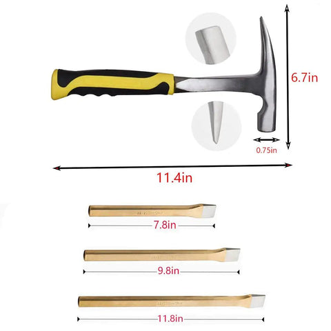 Geology Rock Hammer Kit For Rock Hounding And Prospecting Includes All Steel Rock Pick With Pointed Tip, Three Heavy Duty Chisels