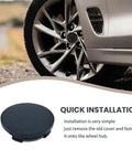 Crisp Black 4 Pack Wheel Hub Center Caps With Snug Snap Fit Tough Abs Shell and Clean Rim Covers on a car wheel.