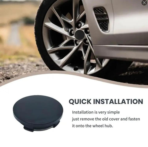 Crisp Black 4 Pack Wheel Hub Center Caps With Snug Snap Fit Tough Abs Shell and Clean Rim Covers on a car wheel.