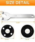 Heavy Duty Angle Grinder Wrench And Nut Kit With Secure Storage Box Fits 4 And 5 Inch Grinders size details showing a stainless steel wrench and two black flanges.