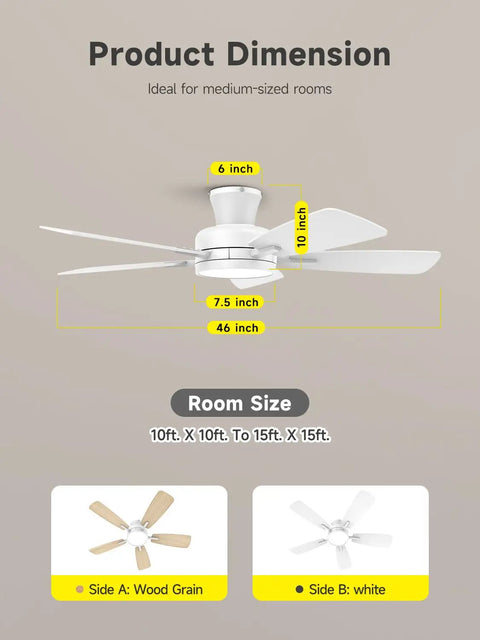 Diagram showing 22 Inch Ceiling Fan With Remote Control DC Motor And 3 Color Temperature Light Ultra Quiet Energy Saving White Finish. Dimensions and room size included.