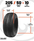 Course Pro 205-50-10 Golf Cart Tires 4-Ply Tubeless Street Style Tread diagram showing tire dimensions and specifications