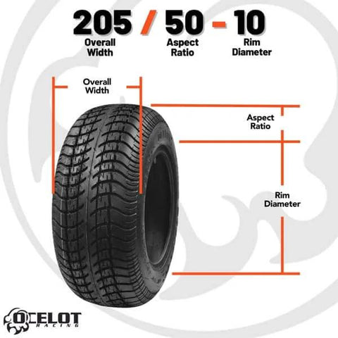 Course Pro 205-50-10 Golf Cart Tires 4-Ply Tubeless Street Style Tread diagram showing tire dimensions and specifications