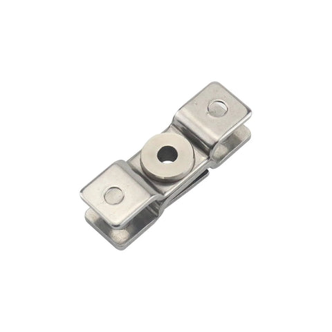 Front view of stainless steel damping torque hinge with mounting flanges and center bushing