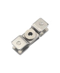 Close-up of a silver damping torque hinge component for cabinet doors; 1 piece.