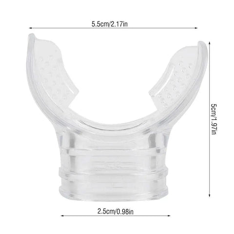 Disposable Dive Mouthpiece For Regulators Transparent Silicone Snorkel Mouthpiece in clear PVC with dimensions shown