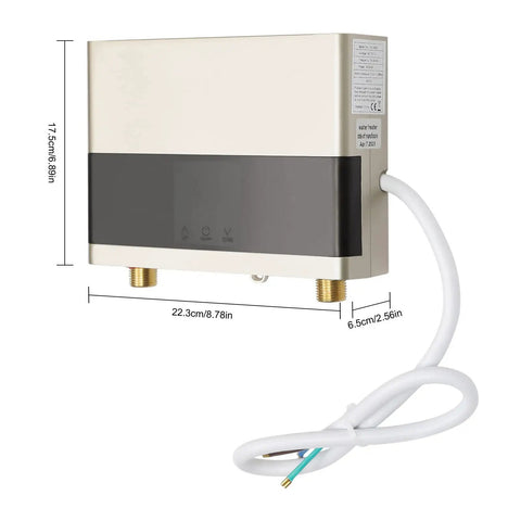 Mini Tankless Water Heater Electric 4000W 110V Instant Hot Water On Demand Space Saving Design with control panel and connections.