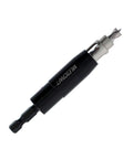 Milescraft 2312 5mm ShelfPinBit, side view; black cylindrical body with silver drill tip