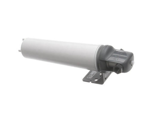 Essential Easy Clear Water Filtration System With 10000 Gallon Capacity, single stage filter with gray cap and mounting bracket.