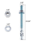 Heavy Duty Half Inch By Three Inch Wedge Anchors Zinc Coated For Concrete Walls And Cement Bases 10 Pcs Carbon Steel Anchors Resistant To Deformation And Rust Ideal For Bathrooms Laundry Rooms And Humid Environments showing bolt, nut, and washer details.