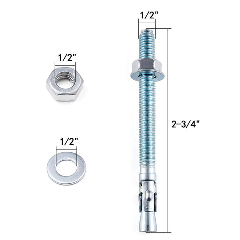Heavy Duty Half Inch By Three Inch Wedge Anchors Zinc Coated For Concrete Walls And Cement Bases 10 Pcs Carbon Steel Anchors Resistant To Deformation And Rust Ideal For Bathrooms Laundry Rooms And Humid Environments showing bolt, nut, and washer details.
