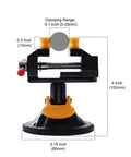 Hella Durable Mini Bench Vise With Bombproof Suction Grip And Flawless 360 Degree Swivel Action with clamping range details.