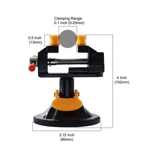 Hella Durable Mini Bench Vise With Bombproof Suction Grip And Flawless 360 Degree Swivel Action with clamping range details.