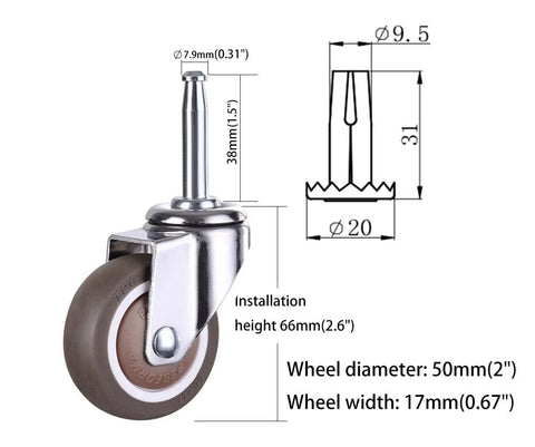 2 Inch Rubber Caster Wheel Set Of 4 With Five Sixteenth Inch By One And A Half Inch Stem And 20mm Socket Inserts For Furniture Crib Trolley Dining Car Casters Easy To Install Durable Quiet Rolling For Home And Workshop, side view with measurements.