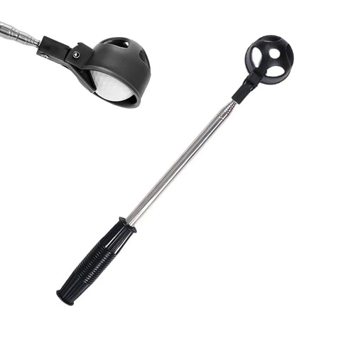 Telescoping Golf Ball Retriever With Locking Clip Portable Scoop Grabber For Easy Ball Pickup From Water Mud Bushes Or Fences Adjustable Extension To 80 Inches Lightweight Black Gear For Rapid Golf Ball Recovery showing scoop detail.