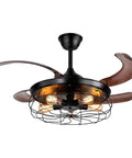 42 Inch Ceiling Fan With Lights Remote Control And Retractable Blades In Vintage Industrial Cage Black Finish Dope Quiet Copper Motor Four Blades