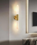 Wall Sconce Lights Indoor Bedroom Hallway GU10 2- Modern Long Brushed Middle Ages Brass Linear Clear Glass Copper Mount Lamp for Bedside Study Children's Room Bathroom mounted on wall.
