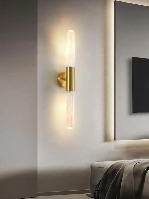 Wall Sconce Lights Indoor Bedroom Hallway GU10 2- Modern Long Brushed Middle Ages Brass Linear Clear Glass Copper Mount Lamp for Bedside Study Children's Room Bathroom mounted on wall.