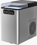 Hustle Free Countertop Nugget Ice Maker Brewing Soft Chewable Snack Ice Up To 40 Pounds Daily With No Sweat One Touch Setup And Sleek Silver Finish side view showing control panel.