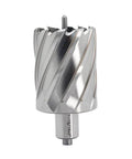Oscarbide annular cutter, front view, 1-15/16 in cutting diameter, 3/4 in Weldon shank, spiral flutes.