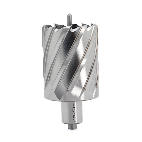 Oscarbide annular cutter, front view, 1-15/16 in cutting diameter, 3/4 in Weldon shank, spiral flutes.