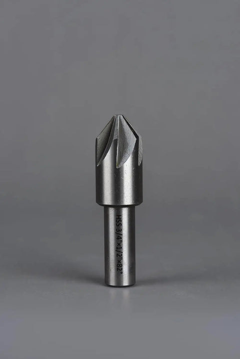 Close-up of a single drill bit from the Five Piece Countersink Drill Bit Set, 82 Degree, Six Flute, HSS Round Shank, Precision Ground