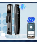 Built Tight Smart Door Lock Featuring Fast Swipe Fingerprint Sensor And Reliable 3D Facial Match For Smooth Wifi App Setup Plus Tough Keypad Access For Zero Sweat Home Security Upgrade, displayed with smartphone.