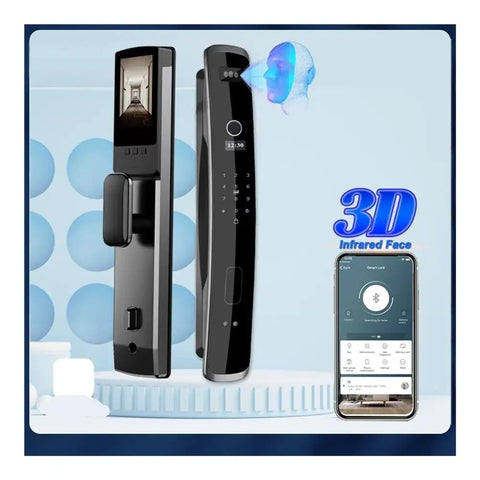 Built Tight Smart Door Lock Featuring Fast Swipe Fingerprint Sensor And Reliable 3D Facial Match For Smooth Wifi App Setup Plus Tough Keypad Access For Zero Sweat Home Security Upgrade, displayed with smartphone.