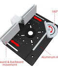 Rock Solid Router Table Lift System With Smooth One Point Eight Inch Travel Premium Aluminum and Stainless Steel Mounting Plate Upgrade For Woodworking Router Bases Black and Red Kit showing aluminum alloy features and movement sliders.
