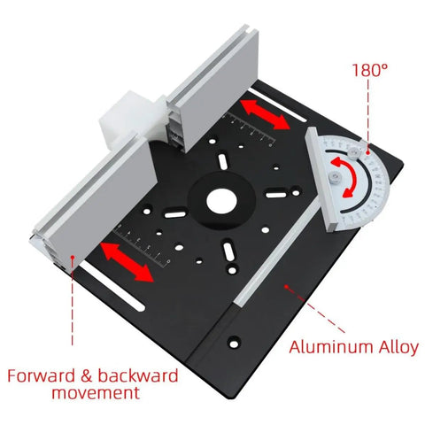 Rock Solid Router Table Lift System With Smooth One Point Eight Inch Travel Premium Aluminum and Stainless Steel Mounting Plate Upgrade For Woodworking Router Bases Black and Red Kit showing aluminum alloy features and movement sliders.