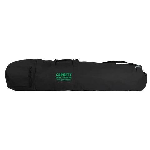 Black durable metal detector carry bag for fully assembled Garrett metal detector, 50 inch length, leather-like exterior, zip pockets.