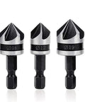 3-Piece Countersink Chamfer Drill Bit Set With 5-Flute 90 Degree Bits, 12mm 16mm 19mm, 1/4 inch hex shank, wood and metal use