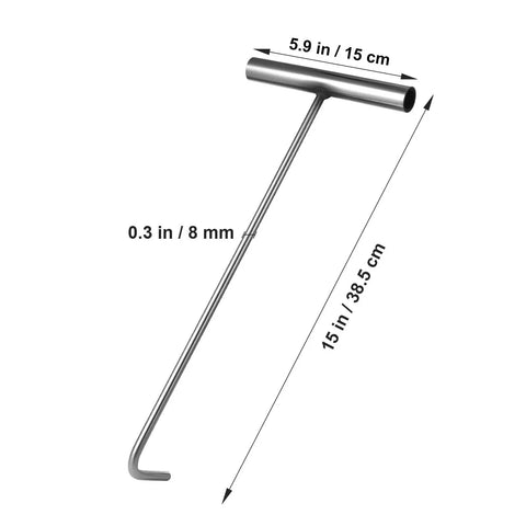 Stainless Steel T Hook Well Cover Hook For Manholes Pro Grade Heavy Duty Lift Tool with spring pull, dimensions labeled.