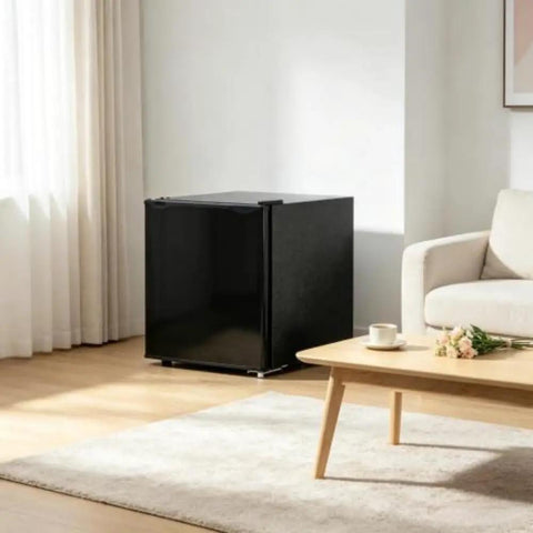 Black Compact Upright Mini Freezer 1.1 Cu Ft Adjustable Thermostat Dial positioned near a sofa in a bright living room.