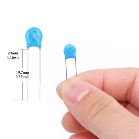 Close-up of blue high voltage DIP ceramic capacitors from the High Voltage DIP Ceramic Capacitor Kit 150 Piece Value Assortment