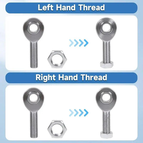 1/2 Inch Self Aligning Ball Joint Rod End Kit with Jam Nuts Lh Rh Thread showing left and right hand threaded rod ends and lock nuts.