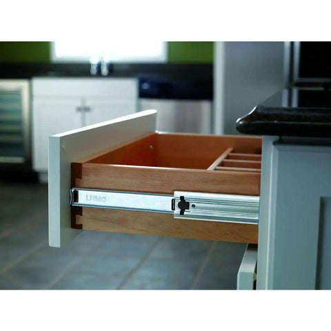 20 Inch Soft Close Ball Bearing Full Extension Drawer Slide Pair installed in kitchen cabinet drawer, smooth operation