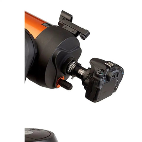 Universal 1.25 Inch T Adapter for DSLR attached to telescope and camera for prime focus astrophotography in silver black
