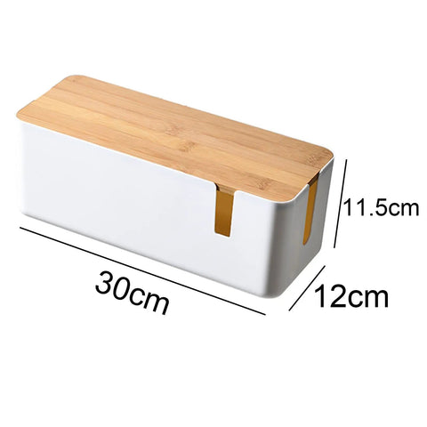 Cable Management Box With Bamboo Lid For Hiding Extension Cords And White Surge Protectors, 30cm x 12cm, side view