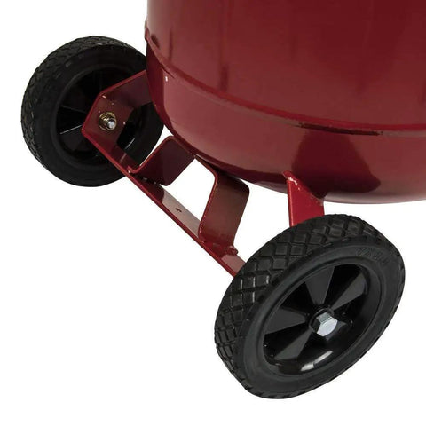Rock Solid 20 Gallon Portable Air Compressor With Oil Free Twin V Cast Iron Pump wheels for easy maneuverability.