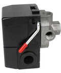 Side view of Air Compressor Pressure Switch Replacement Valve With Unloader For Four Port Systems 145 To 175 PSI Black