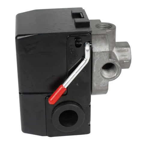 Side view of Air Compressor Pressure Switch Replacement Valve With Unloader For Four Port Systems 145 To 175 PSI Black