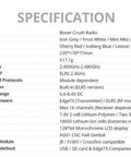 Boxer Crush EdgeTX Firmware 2.4G 16CH Radio Controller specifications table showing dimensions, weight, and features.