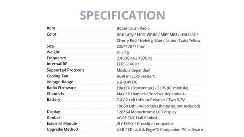 Boxer Crush EdgeTX Firmware 2.4G 16CH Radio Controller specifications table showing dimensions, weight, and features.