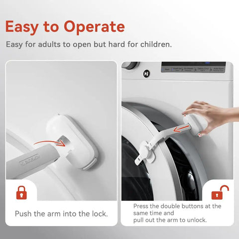 Baby Safe Washer And Dryer Door Stopper Prop For Front Load Laundry, Childproof Door Holder demonstrating easy lock mechanism