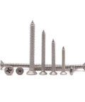 Heavy Duty Fifty Pack 12 X Half Inch Flat Head Phillips Self Tapping Screws Stainless Steel 304 displayed in various lengths.