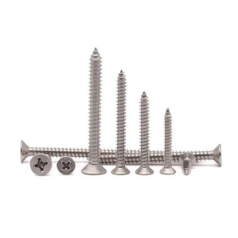 Heavy Duty Fifty Pack 12 X Half Inch Flat Head Phillips Self Tapping Screws Stainless Steel 304 displayed in various lengths.
