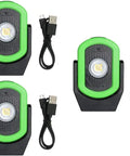 Three HiVis Green USB Rechargeable LED Cyclops Work Light 720 Lumens Workstar Style with USB cables, durable aluminum housing