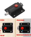 10 Pack Hella Sturdy Automatic Spring Latch Bolt For Cabinets Drawers And Doors Black showing open and closed status with red button.
