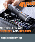 Person holding 4V Lithium Cordless Screwdriver Kit with 30 Piece Accessory Pack in case, showing compact design and accessories.